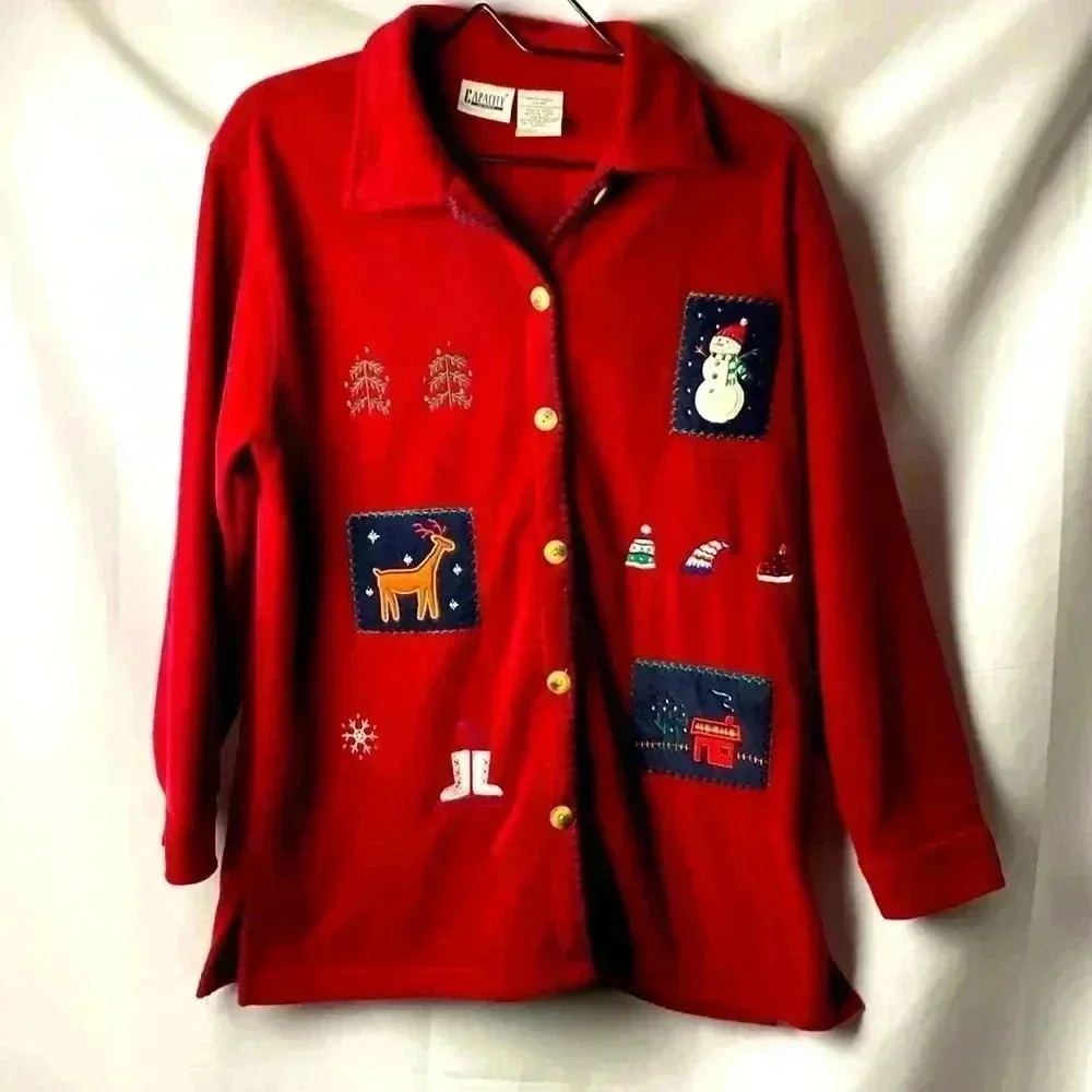 CAPACITY PETITES WO SIZE‎ MEDIUM  RED WINE FLEECE WINTER PATCH SHIRT JACKET
